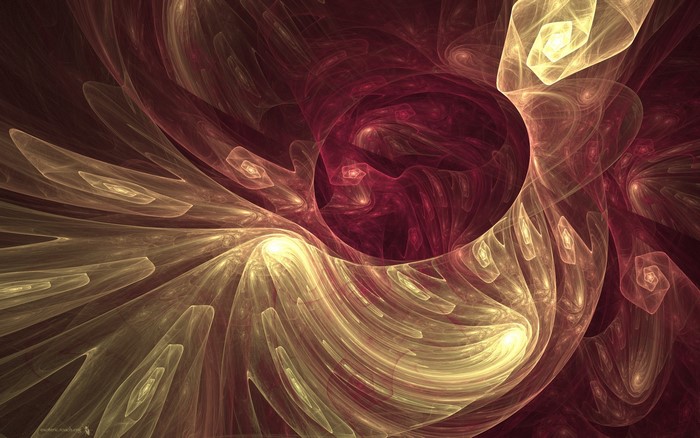 Abstract fractal art with swirling red and gold shapes