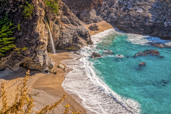 McWay Falls waterfall cascading onto a beach in Big Sur