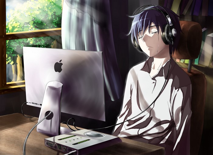 Sad Anime Guy Crying at Computer Desk