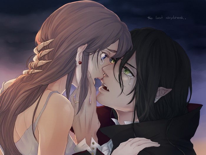Vampire boy and girl in embrace