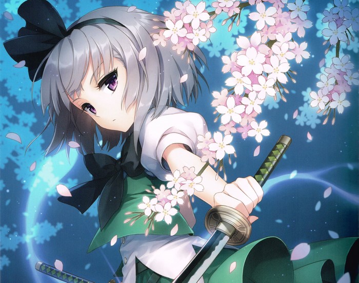 Konpaku Youmu from Touhou with Katana and Cherry Blossoms