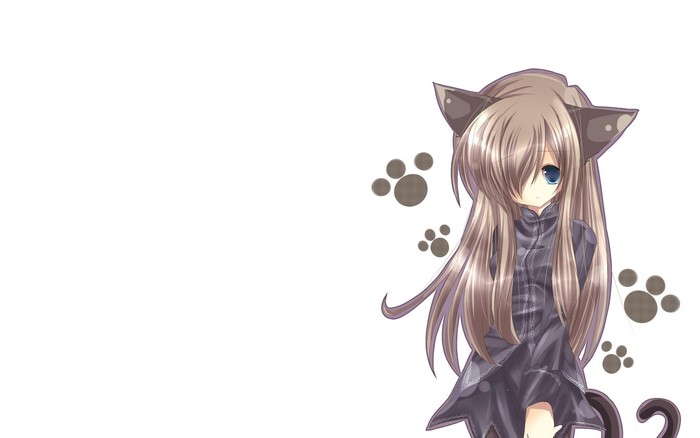Anime cat girl with long brown hair and blue eyes