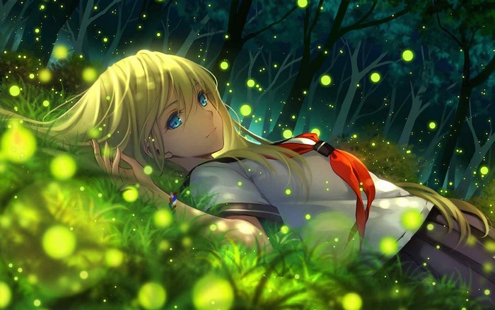 Anime girl with blonde hair lying in grass with fireflies