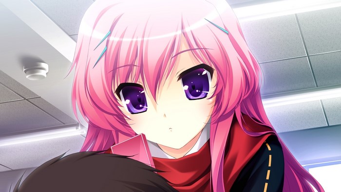 Anime girl with pink hair and purple eyes