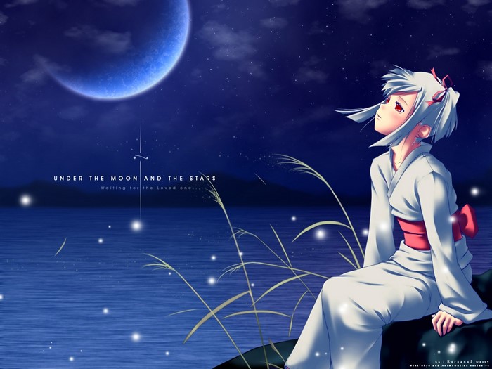 Girl in Kimono Under the Moon and Stars