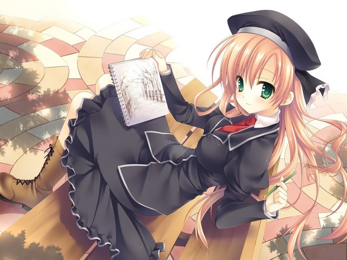 Girl with notebook and pencil sitting on a bench