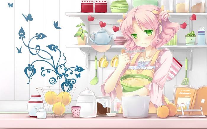 Anime girl with pink hair cooking in a kitchen