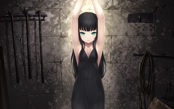 Girl captured in a stone room with tools