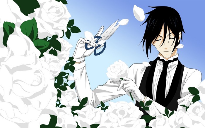 Sebastian Michaelis with white roses and scissors