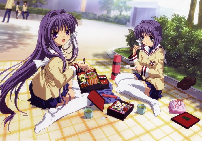 Two anime girls having a picnic with bento boxes