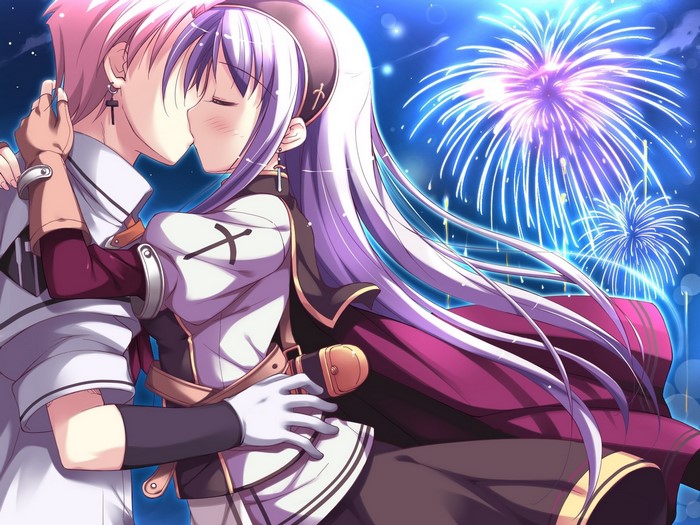 Couple kissing during fireworks