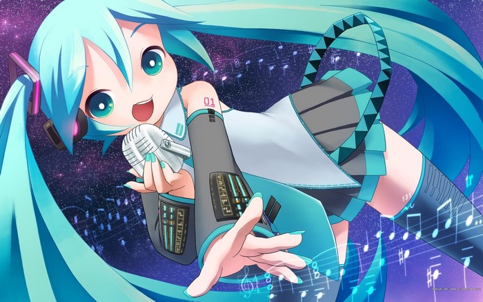 Hatsune Miku singing with a microphone