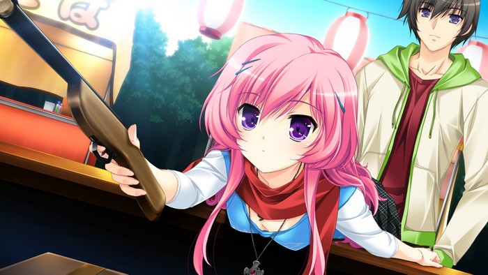 Girl with pink hair holding a rifle