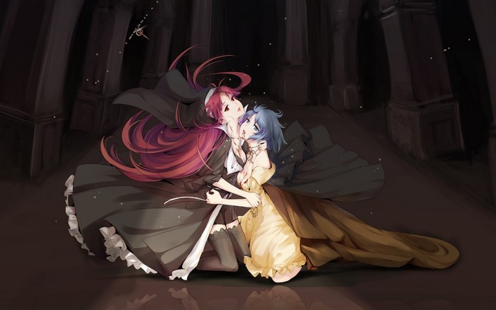 Two girls, one biting the other, with blood