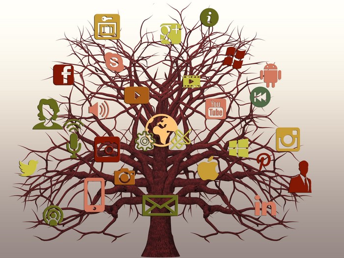 Social media icons on a tree