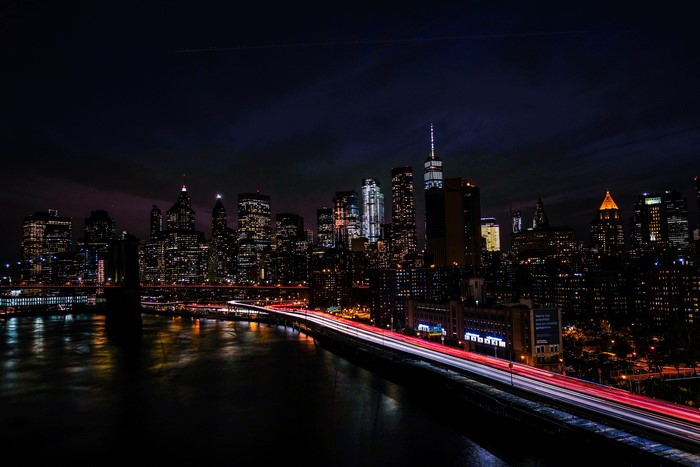 New York City Skyline at Night with Light Trails