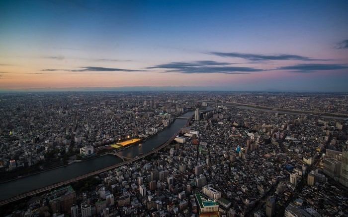 Aerial view of Tokyo cityscape at dusk with Sumida River