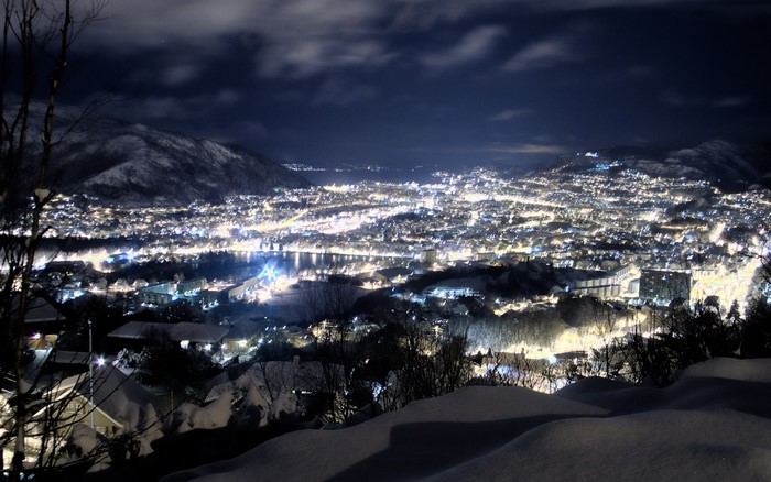 City lights at night with snow-covered mountains