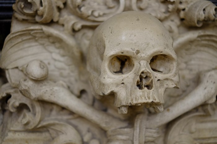 Stone Sculpture of a Skull in Mezquitum, Cordoba, Spain