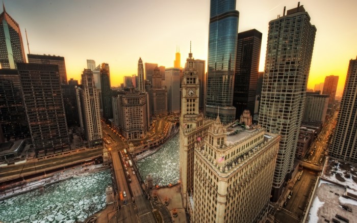 Chicago River and Skyline at Sunset