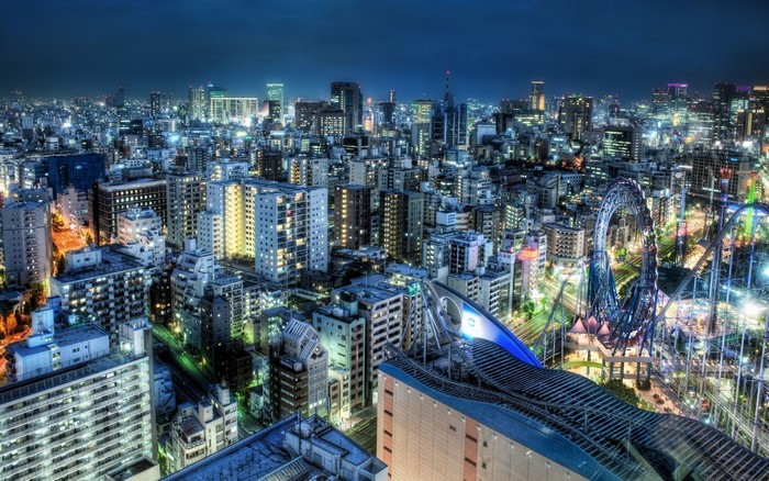 Cityscape at Night with Roller Coaster