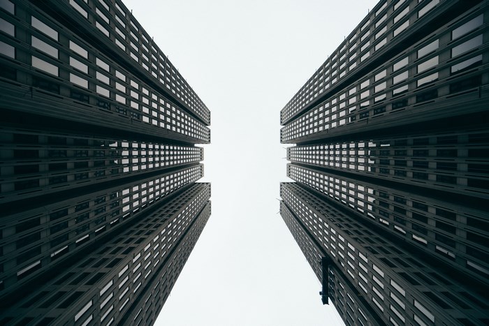 Looking up at skyscrapers in San Francisco
