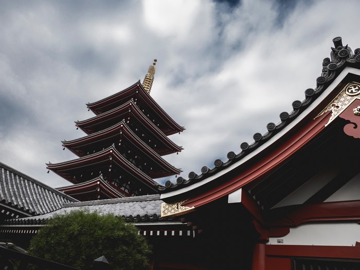 Senso-ji Temple Pagoda and Roof in Asakusa, Japan