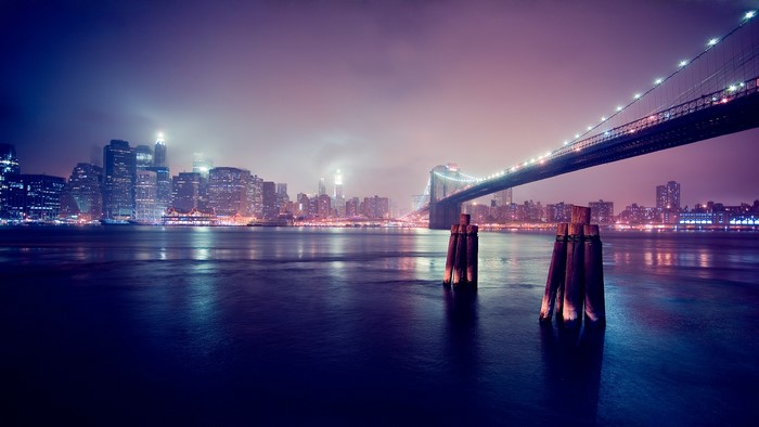 New York City Skyline and Brooklyn Bridge at Night