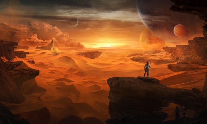 Alien desert landscape with planets and people