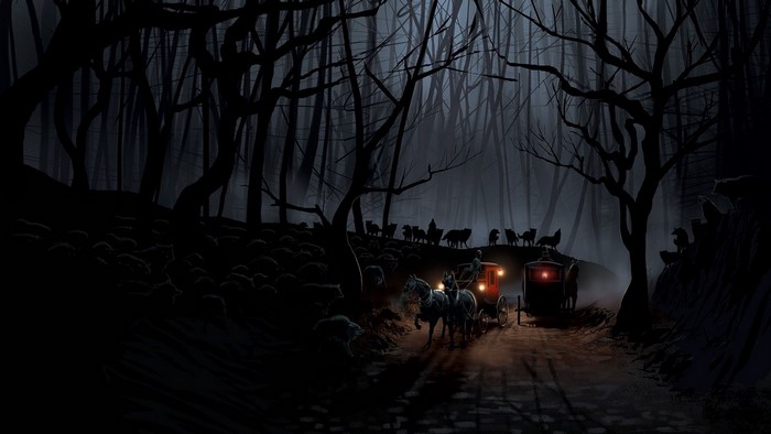 Carriage in a dark forest at night with wolves