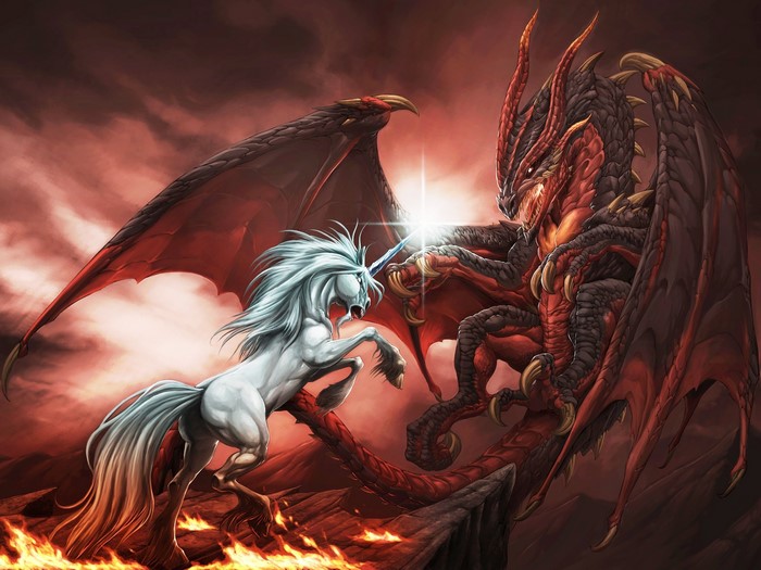 Unicorn fighting a red dragon in a fiery landscape
