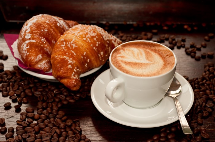 Cappuccino with Croissants and Coffee Beans