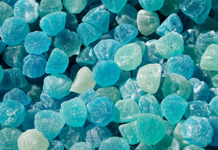 Blue and green sugar-coated marmalade candies
