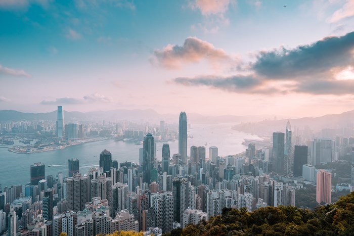 Hong Kong Skyline at Sunrise with Clouds