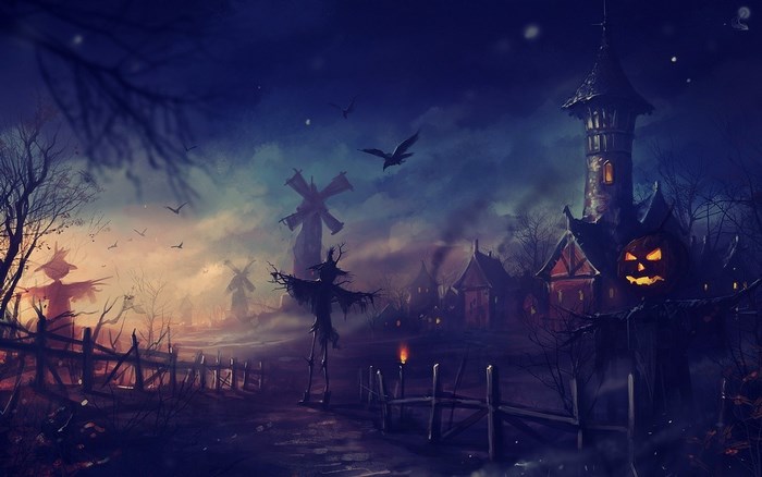 Halloween village with scarecrows and jack-o'-lantern