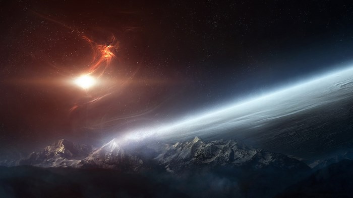 Cosmic landscape with mountains and nebula