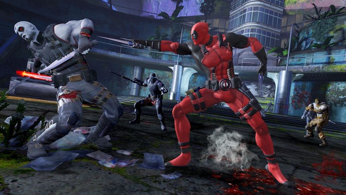 Deadpool fighting enemies in a ruined city
