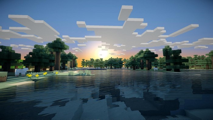 Minecraft landscape with lake and trees at sunset