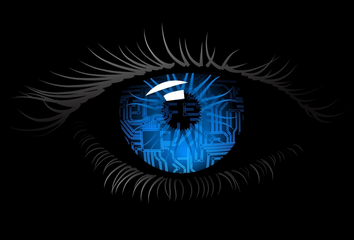 Blue circuit board eye on black background