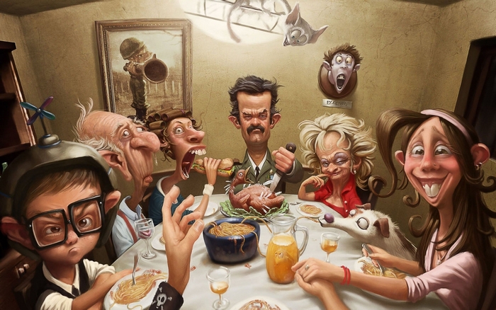 Caricature family dinner with turkey and spaghetti
