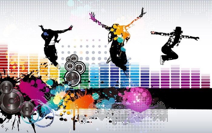 Dancers jumping over equalizer and speakers