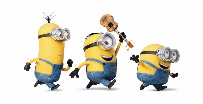 Three Cheerful Minions Running with Ukulele