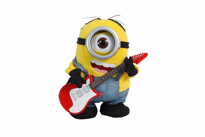 Minion playing a red electric guitar
