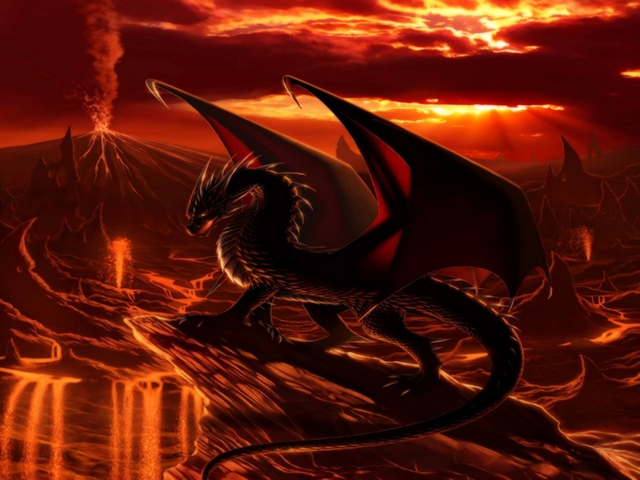Black dragon in a volcanic landscape at sunset