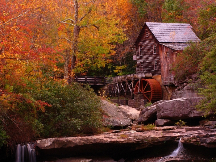 Old wooden mill with water wheel in autumn forest