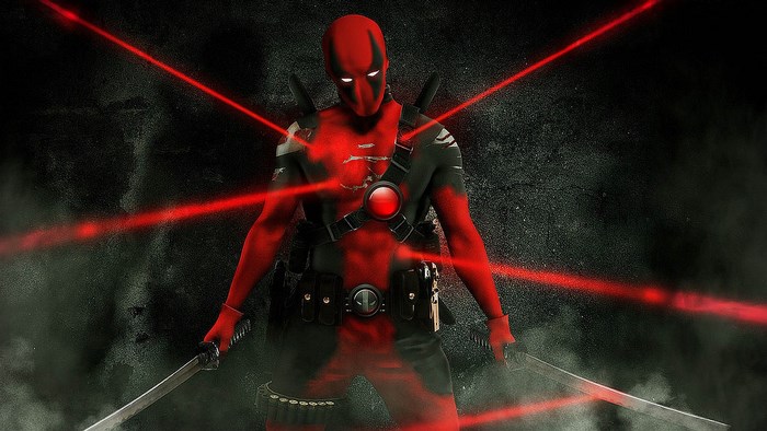 Deadpool from Marvel with red lasers and swords