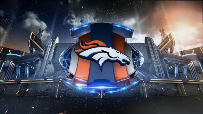 Denver Broncos logo on futuristic stadium background