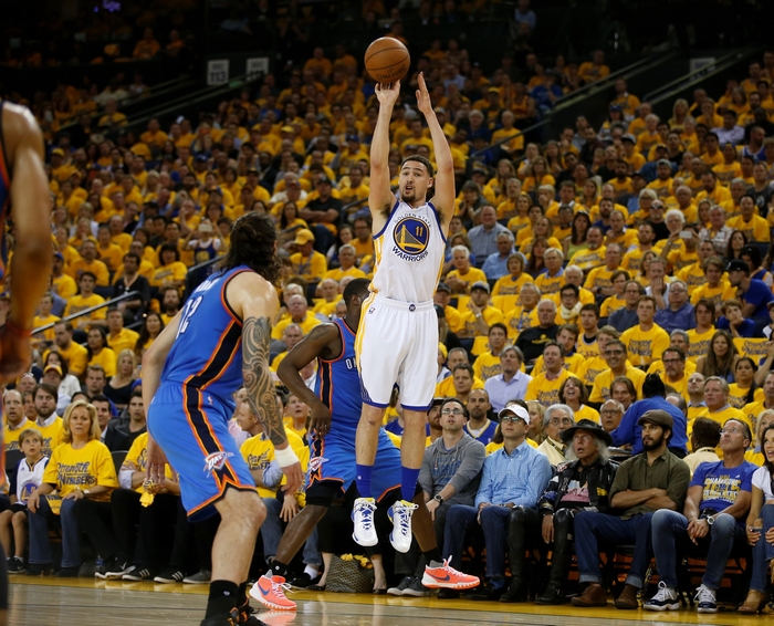 Klay Thompson shooting a basketball for the Golden State Warriors