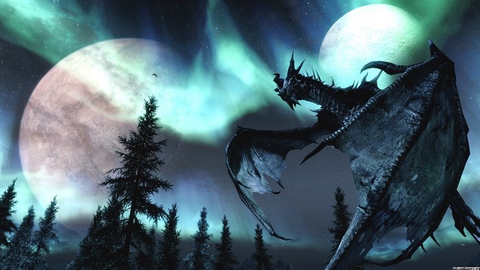 Dragon in Skyrim with Aurora and Moons