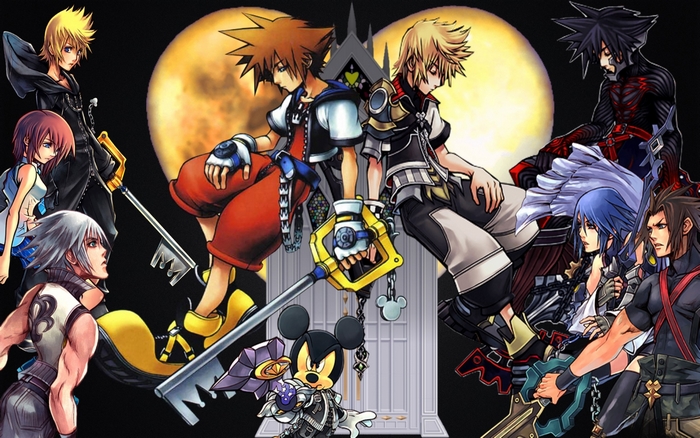 Kingdom Hearts characters with Keyblades and Mickey Mouse